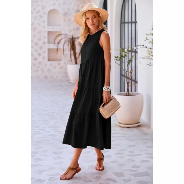 imagePRETTYGARDEN Womens Summer Midi Dress Sleeveless Crewneck Tiered Long Flowy Casual Holiday Beach Sundresses with PocketsBlack