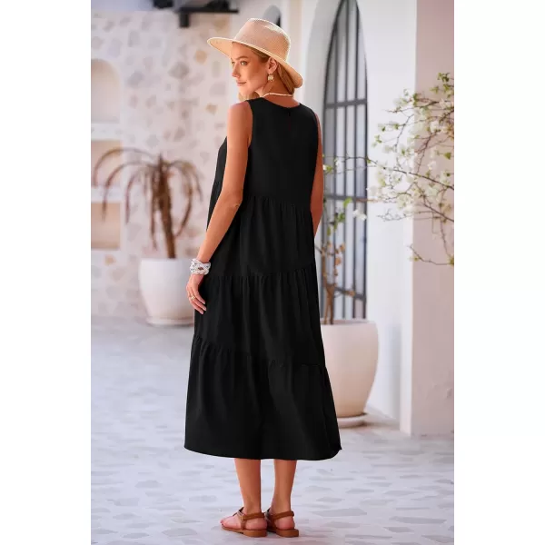 imagePRETTYGARDEN Womens Summer Midi Dress Sleeveless Crewneck Tiered Long Flowy Casual Holiday Beach Sundresses with PocketsBlack