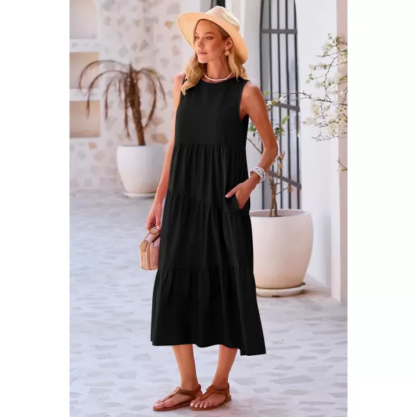 imagePRETTYGARDEN Womens Summer Midi Dress Sleeveless Crewneck Tiered Long Flowy Casual Holiday Beach Sundresses with PocketsBlack