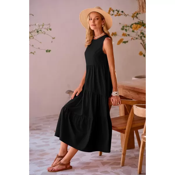 imagePRETTYGARDEN Womens Summer Midi Dress Sleeveless Crewneck Tiered Long Flowy Casual Holiday Beach Sundresses with PocketsBlack