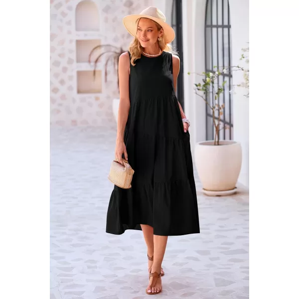 imagePRETTYGARDEN Womens Summer Midi Dress Sleeveless Crewneck Tiered Long Flowy Casual Holiday Beach Sundresses with PocketsBlack