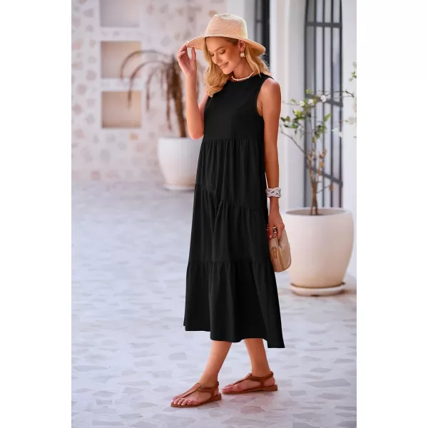 imagePRETTYGARDEN Womens Summer Midi Dress Sleeveless Crewneck Tiered Long Flowy Casual Holiday Beach Sundresses with PocketsBlack