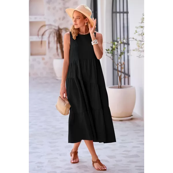 imagePRETTYGARDEN Womens Summer Midi Dress Sleeveless Crewneck Tiered Long Flowy Casual Holiday Beach Sundresses with PocketsBlack