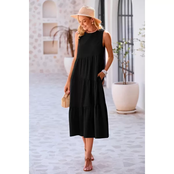 imagePRETTYGARDEN Womens Summer Midi Dress Sleeveless Crewneck Tiered Long Flowy Casual Holiday Beach Sundresses with PocketsBlack
