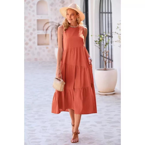 imagePRETTYGARDEN Womens Summer Midi Dress Sleeveless Crewneck Tiered Long Flowy Casual Holiday Beach Sundresses with PocketsBrick Red