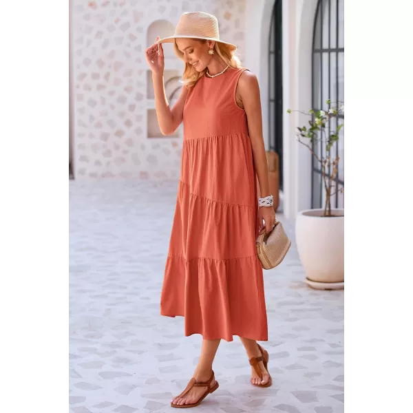 imagePRETTYGARDEN Womens Summer Midi Dress Sleeveless Crewneck Tiered Long Flowy Casual Holiday Beach Sundresses with PocketsBrick Red
