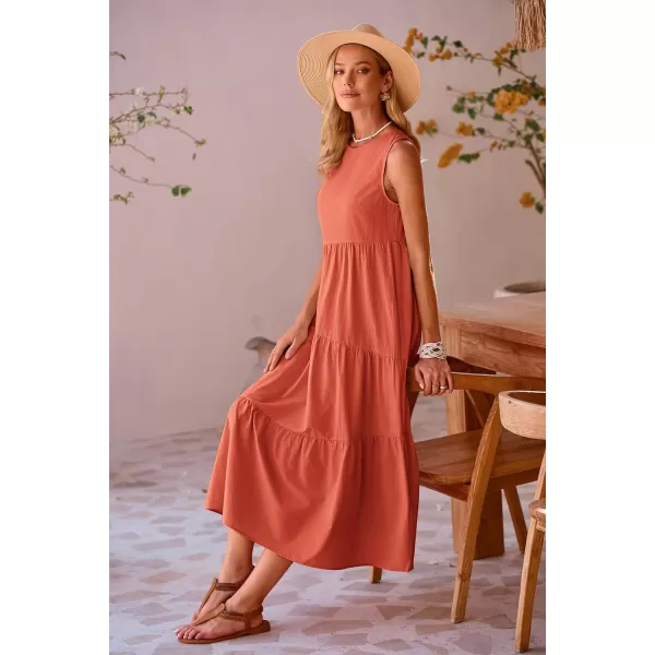 imagePRETTYGARDEN Womens Summer Midi Dress Sleeveless Crewneck Tiered Long Flowy Casual Holiday Beach Sundresses with PocketsBrick Red