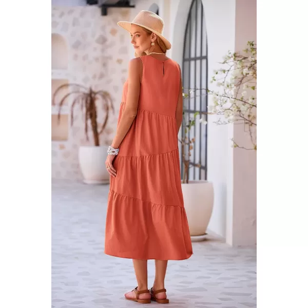 imagePRETTYGARDEN Womens Summer Midi Dress Sleeveless Crewneck Tiered Long Flowy Casual Holiday Beach Sundresses with PocketsBrick Red