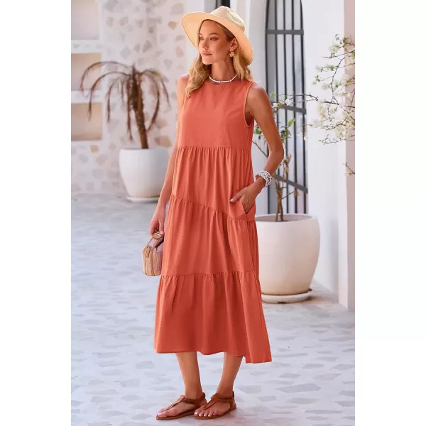 imagePRETTYGARDEN Womens Summer Midi Dress Sleeveless Crewneck Tiered Long Flowy Casual Holiday Beach Sundresses with PocketsBrick Red
