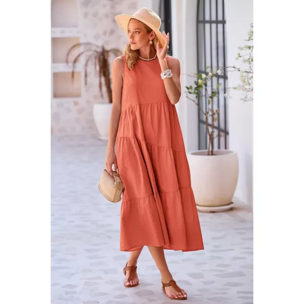 imagePRETTYGARDEN Womens Summer Midi Dress Sleeveless Crewneck Tiered Long Flowy Casual Holiday Beach Sundresses with PocketsBrick Red