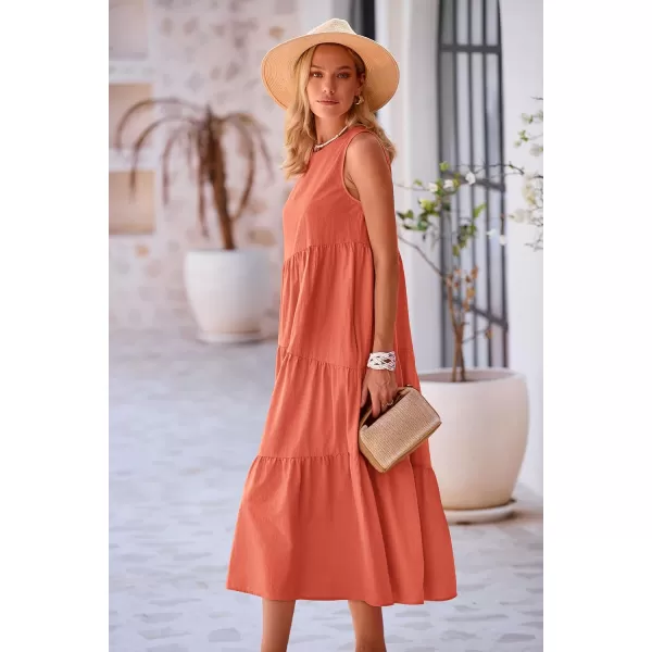 imagePRETTYGARDEN Womens Summer Midi Dress Sleeveless Crewneck Tiered Long Flowy Casual Holiday Beach Sundresses with PocketsBrick Red