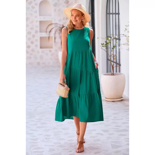 imagePRETTYGARDEN Womens Summer Midi Dress Sleeveless Crewneck Tiered Long Flowy Casual Holiday Beach Sundresses with PocketsBrilliant Green