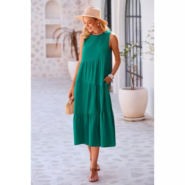 imagePRETTYGARDEN Womens Summer Midi Dress Sleeveless Crewneck Tiered Long Flowy Casual Holiday Beach Sundresses with PocketsBrilliant Green