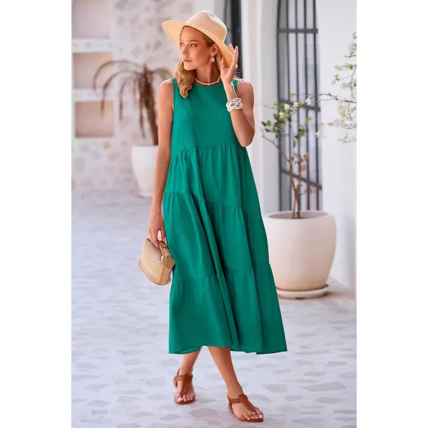 imagePRETTYGARDEN Womens Summer Midi Dress Sleeveless Crewneck Tiered Long Flowy Casual Holiday Beach Sundresses with PocketsBrilliant Green