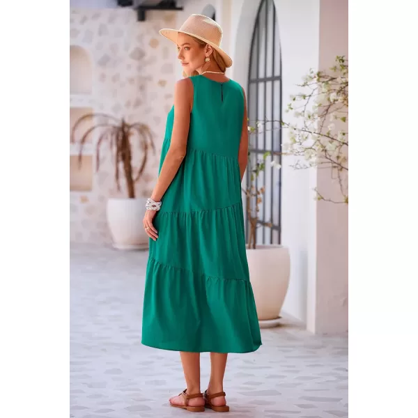 imagePRETTYGARDEN Womens Summer Midi Dress Sleeveless Crewneck Tiered Long Flowy Casual Holiday Beach Sundresses with PocketsBrilliant Green