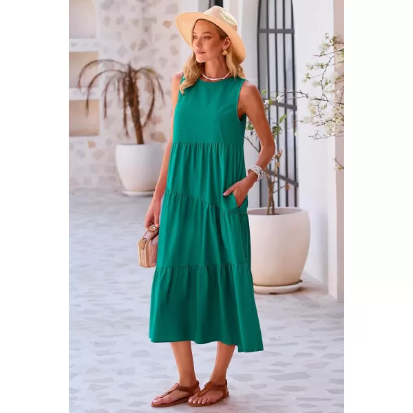 imagePRETTYGARDEN Womens Summer Midi Dress Sleeveless Crewneck Tiered Long Flowy Casual Holiday Beach Sundresses with PocketsBrilliant Green