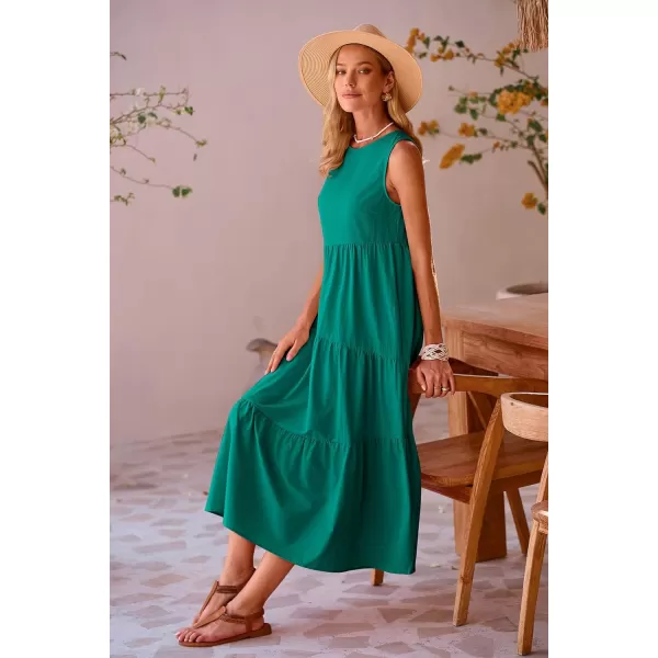 imagePRETTYGARDEN Womens Summer Midi Dress Sleeveless Crewneck Tiered Long Flowy Casual Holiday Beach Sundresses with PocketsBrilliant Green