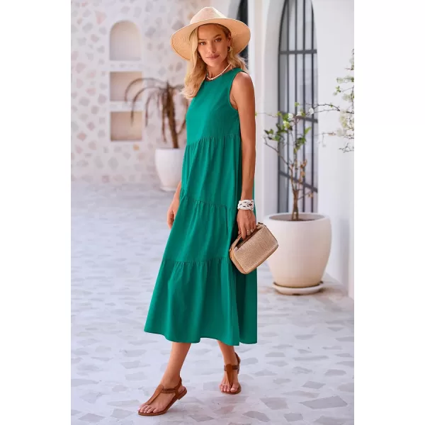 imagePRETTYGARDEN Womens Summer Midi Dress Sleeveless Crewneck Tiered Long Flowy Casual Holiday Beach Sundresses with PocketsBrilliant Green
