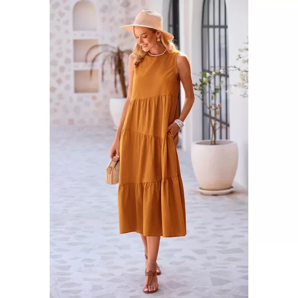 imagePRETTYGARDEN Womens Summer Midi Dress Sleeveless Crewneck Tiered Long Flowy Casual Holiday Beach Sundresses with PocketsBrown Yellow