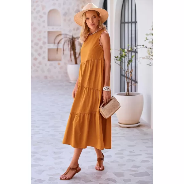 imagePRETTYGARDEN Womens Summer Midi Dress Sleeveless Crewneck Tiered Long Flowy Casual Holiday Beach Sundresses with PocketsBrown Yellow
