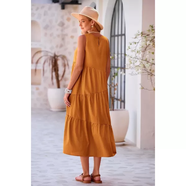 imagePRETTYGARDEN Womens Summer Midi Dress Sleeveless Crewneck Tiered Long Flowy Casual Holiday Beach Sundresses with PocketsBrown Yellow
