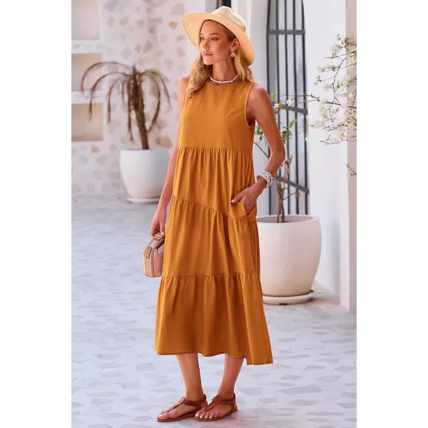 imagePRETTYGARDEN Womens Summer Midi Dress Sleeveless Crewneck Tiered Long Flowy Casual Holiday Beach Sundresses with PocketsBrown Yellow