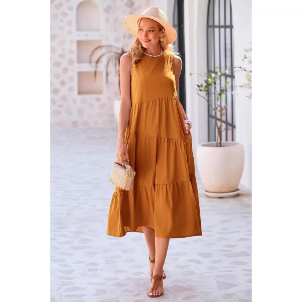 imagePRETTYGARDEN Womens Summer Midi Dress Sleeveless Crewneck Tiered Long Flowy Casual Holiday Beach Sundresses with PocketsBrown Yellow