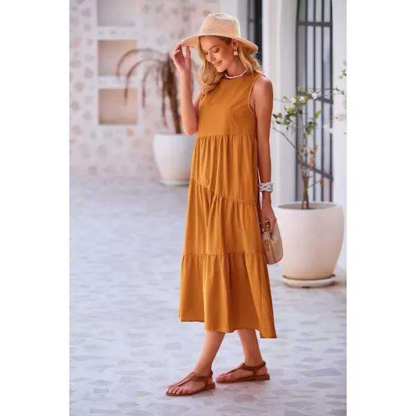 imagePRETTYGARDEN Womens Summer Midi Dress Sleeveless Crewneck Tiered Long Flowy Casual Holiday Beach Sundresses with PocketsBrown Yellow