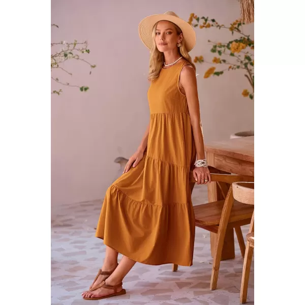 imagePRETTYGARDEN Womens Summer Midi Dress Sleeveless Crewneck Tiered Long Flowy Casual Holiday Beach Sundresses with PocketsBrown Yellow