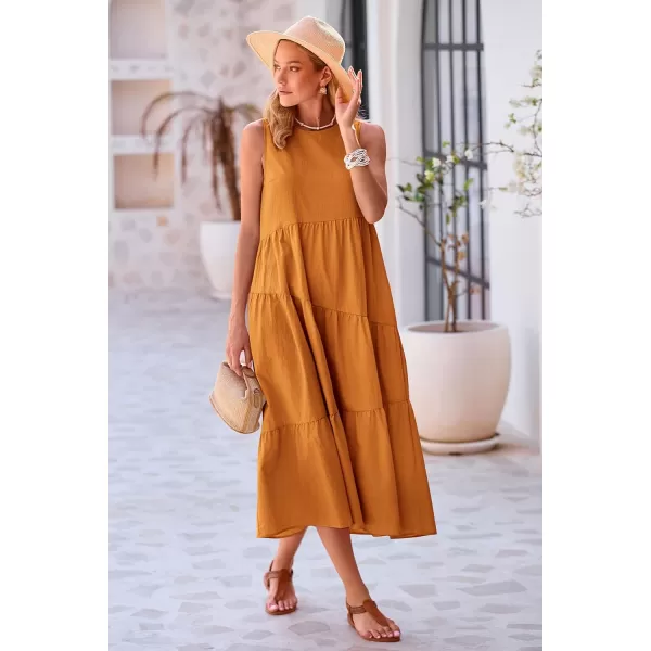 imagePRETTYGARDEN Womens Summer Midi Dress Sleeveless Crewneck Tiered Long Flowy Casual Holiday Beach Sundresses with PocketsBrown Yellow