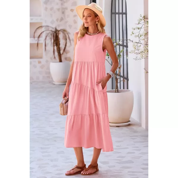 imagePRETTYGARDEN Womens Summer Midi Dress Sleeveless Crewneck Tiered Long Flowy Casual Holiday Beach Sundresses with PocketsPink