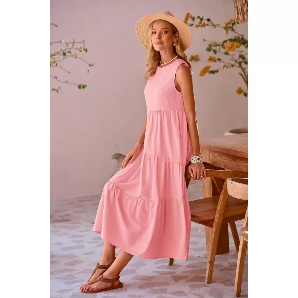 imagePRETTYGARDEN Womens Summer Midi Dress Sleeveless Crewneck Tiered Long Flowy Casual Holiday Beach Sundresses with PocketsPink