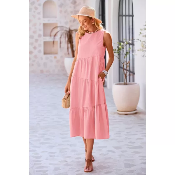 imagePRETTYGARDEN Womens Summer Midi Dress Sleeveless Crewneck Tiered Long Flowy Casual Holiday Beach Sundresses with PocketsPink