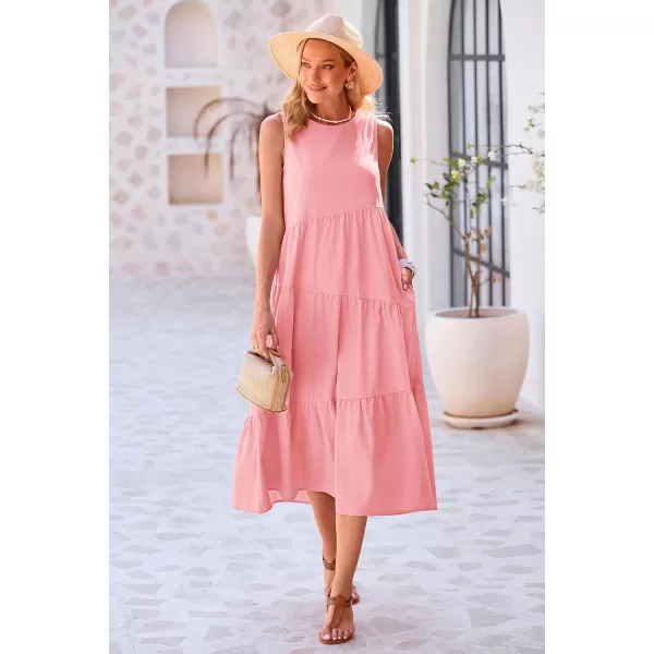 imagePRETTYGARDEN Womens Summer Midi Dress Sleeveless Crewneck Tiered Long Flowy Casual Holiday Beach Sundresses with PocketsPink