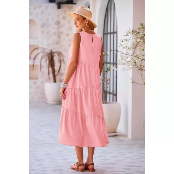 imagePRETTYGARDEN Womens Summer Midi Dress Sleeveless Crewneck Tiered Long Flowy Casual Holiday Beach Sundresses with PocketsPink