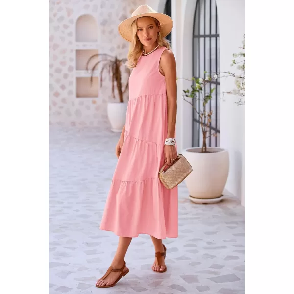 imagePRETTYGARDEN Womens Summer Midi Dress Sleeveless Crewneck Tiered Long Flowy Casual Holiday Beach Sundresses with PocketsPink