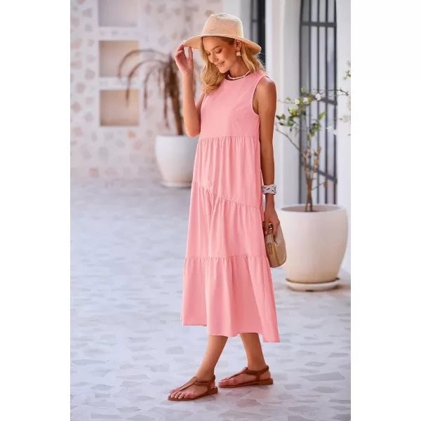 imagePRETTYGARDEN Womens Summer Midi Dress Sleeveless Crewneck Tiered Long Flowy Casual Holiday Beach Sundresses with PocketsPink