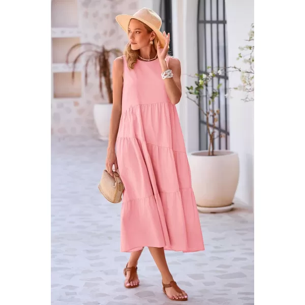 imagePRETTYGARDEN Womens Summer Midi Dress Sleeveless Crewneck Tiered Long Flowy Casual Holiday Beach Sundresses with PocketsPink