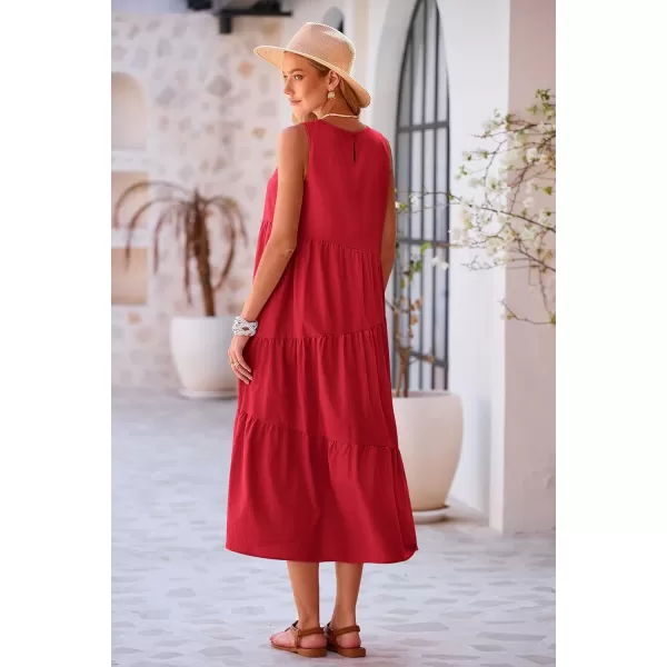 imagePRETTYGARDEN Womens Summer Midi Dress Sleeveless Crewneck Tiered Long Flowy Casual Holiday Beach Sundresses with PocketsRed