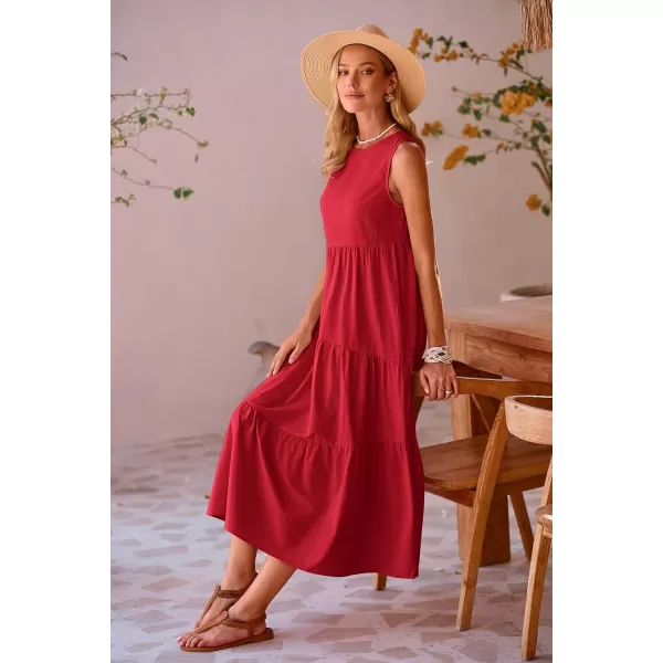 imagePRETTYGARDEN Womens Summer Midi Dress Sleeveless Crewneck Tiered Long Flowy Casual Holiday Beach Sundresses with PocketsRed
