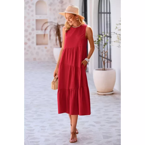 imagePRETTYGARDEN Womens Summer Midi Dress Sleeveless Crewneck Tiered Long Flowy Casual Holiday Beach Sundresses with PocketsRed