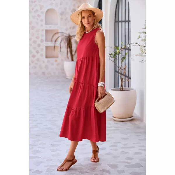 imagePRETTYGARDEN Womens Summer Midi Dress Sleeveless Crewneck Tiered Long Flowy Casual Holiday Beach Sundresses with PocketsRed
