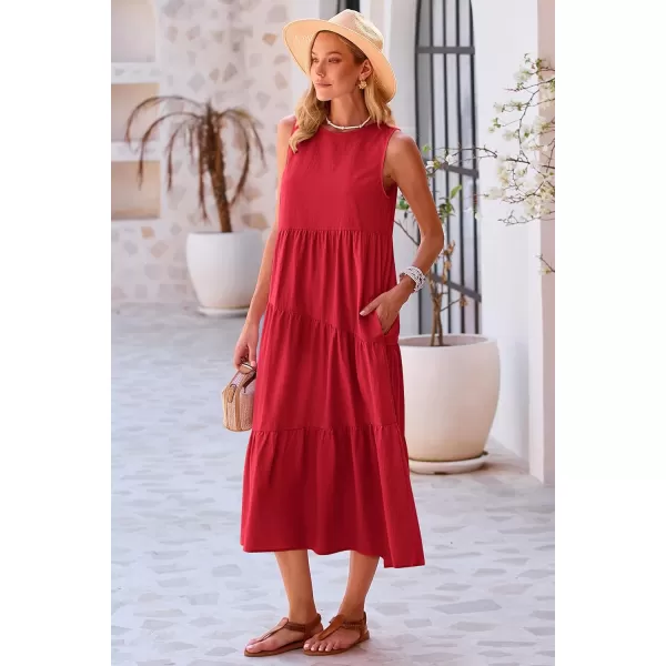 imagePRETTYGARDEN Womens Summer Midi Dress Sleeveless Crewneck Tiered Long Flowy Casual Holiday Beach Sundresses with PocketsRed