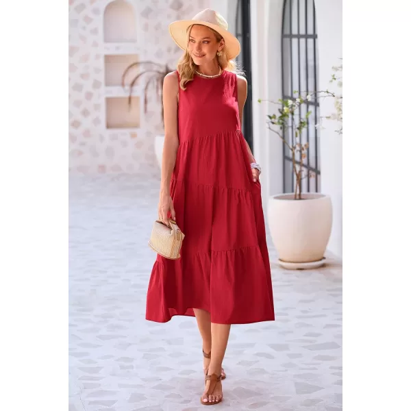 imagePRETTYGARDEN Womens Summer Midi Dress Sleeveless Crewneck Tiered Long Flowy Casual Holiday Beach Sundresses with PocketsRed