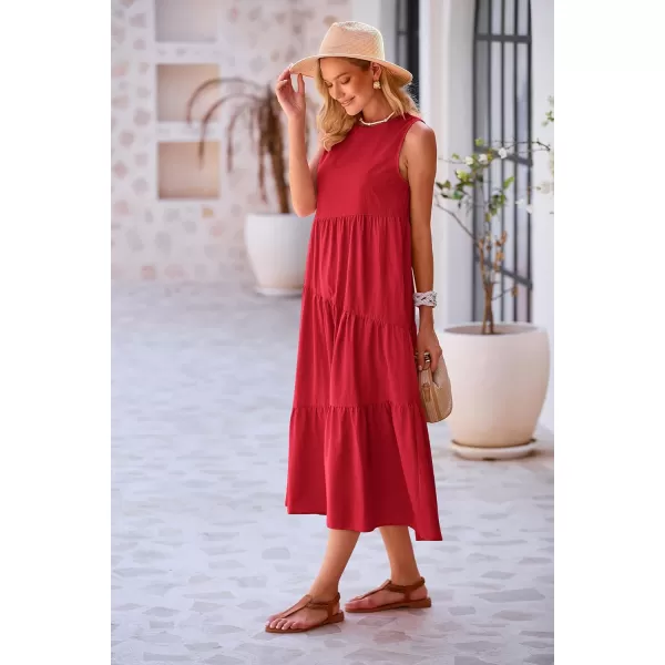 imagePRETTYGARDEN Womens Summer Midi Dress Sleeveless Crewneck Tiered Long Flowy Casual Holiday Beach Sundresses with PocketsRed