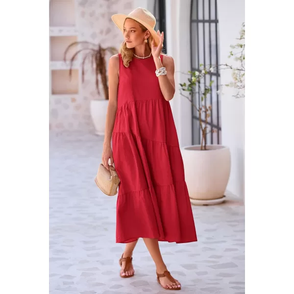 imagePRETTYGARDEN Womens Summer Midi Dress Sleeveless Crewneck Tiered Long Flowy Casual Holiday Beach Sundresses with PocketsRed