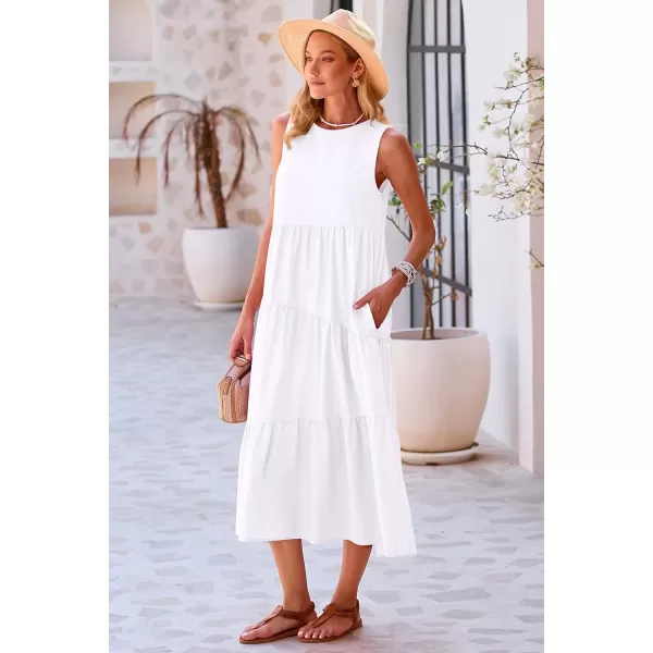 imagePRETTYGARDEN Womens Summer Midi Dress Sleeveless Crewneck Tiered Long Flowy Casual Holiday Beach Sundresses with PocketsWhite