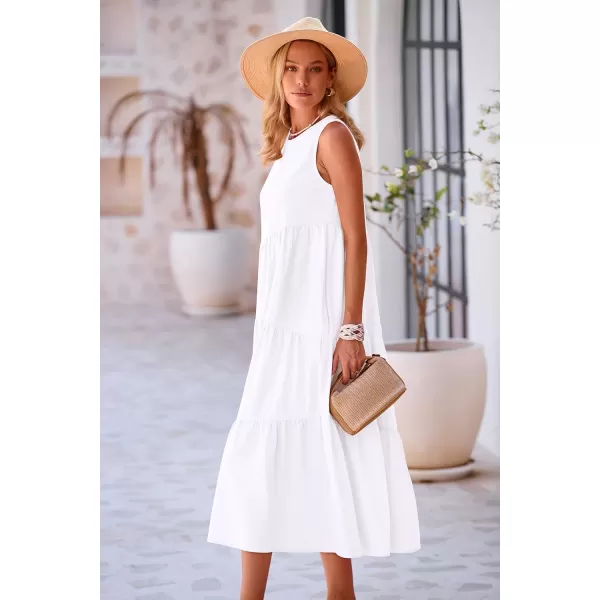 imagePRETTYGARDEN Womens Summer Midi Dress Sleeveless Crewneck Tiered Long Flowy Casual Holiday Beach Sundresses with PocketsWhite