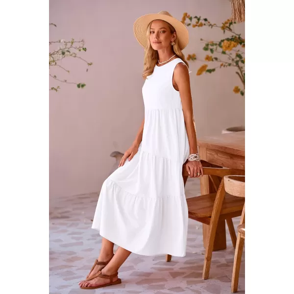 imagePRETTYGARDEN Womens Summer Midi Dress Sleeveless Crewneck Tiered Long Flowy Casual Holiday Beach Sundresses with PocketsWhite