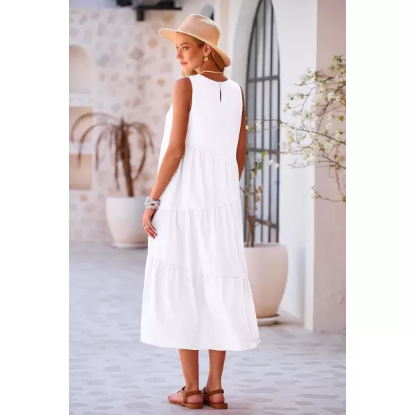 imagePRETTYGARDEN Womens Summer Midi Dress Sleeveless Crewneck Tiered Long Flowy Casual Holiday Beach Sundresses with PocketsWhite